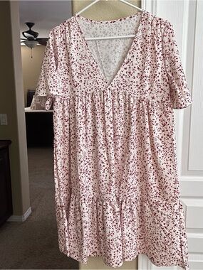 Ivory and Maroon Floral V-Neck Babydoll Dress
